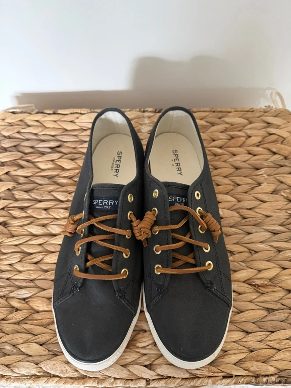 Sperry Black Canvas No tie Sneakers with Brown leather Laces - Picture 2 of 6